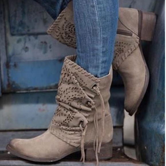 Laser Cut Fringe Suede Taupe Combat Boots - Picture 2 of 5